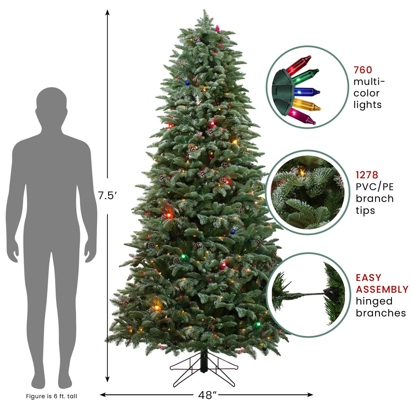 Northlight Real Touch™ Artificial Pre-Lit Slim Dunton Spruce Christmas Tree - 7.5' - Multi-Color Lights Green 6 Northlight Real Touch™ Artificial Pre-Lit Slim Dunton Spruce Christmas Tree - 7.5' - Multi-Color Lights Green - Image 4