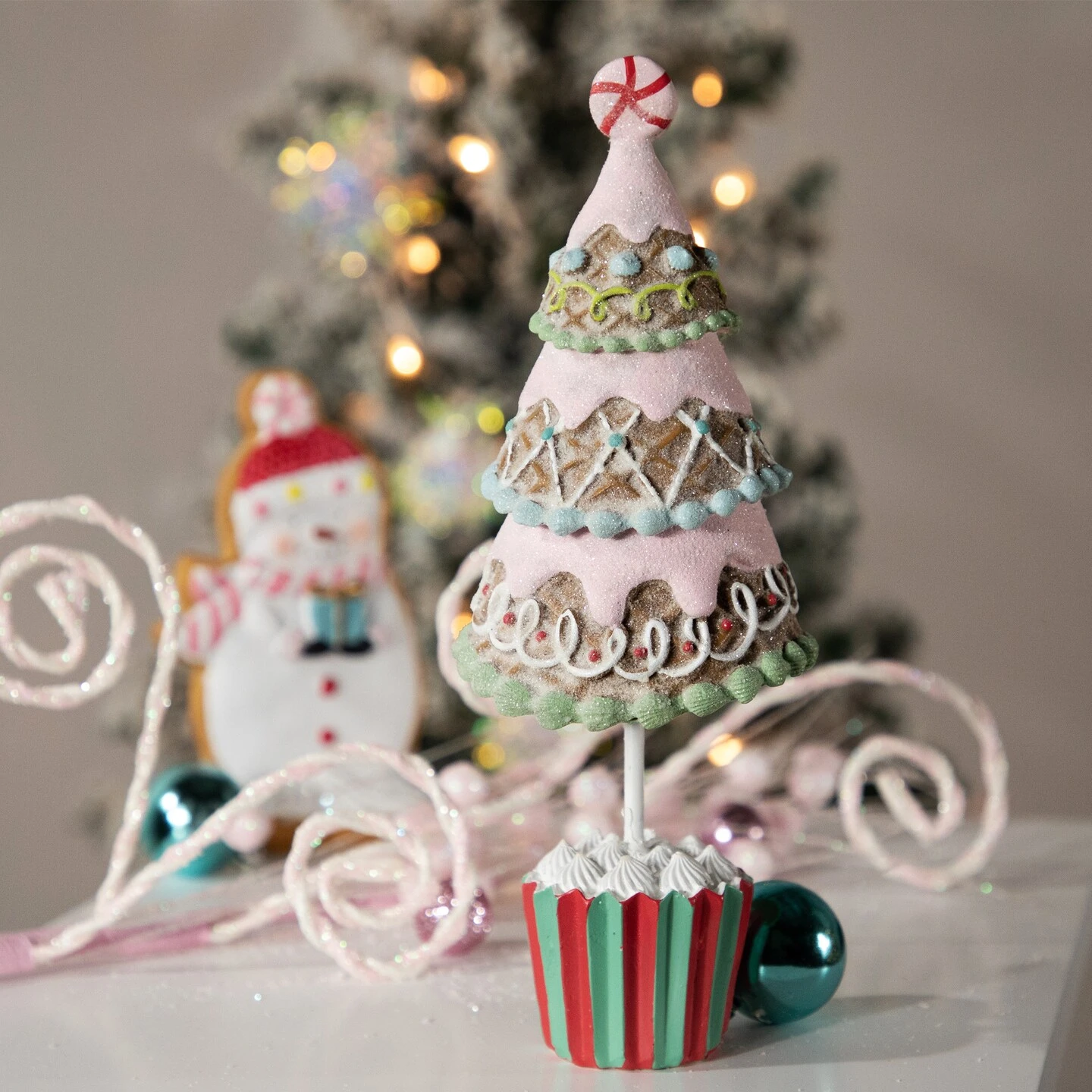 Northlight Frosted Waffle Cone Christmas Cupcake Tree - 10.25" Pink 6 Northlight Frosted Waffle Cone Christmas Cupcake Tree - 10.25" Pink - Image 4