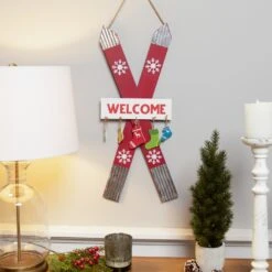 Northlight Wooden Welcome Skis With Christmas Stockings Hanging Decoration - 23.5" Red -Northlight Shop 479734764638416 2