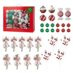 Set Of 191 Christmas New Year Ball Shatterproof Ornaments With Candy Picks & Ribbon Bows -Northlight Shop 479734944520400 1