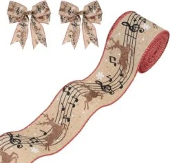 Christmas Deer Wired Ribbon Musical Note Burlap Jute Ribbon Wreath Ribbon For Xmas Home Decor,Gift Wrapping Bow Making DIY Crafts -Northlight Shop 550198450404688 1