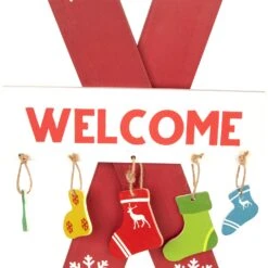 Northlight Wooden Welcome Skis With Christmas Stockings Hanging Decoration - 23.5" Red -Northlight Shop 556918246183120