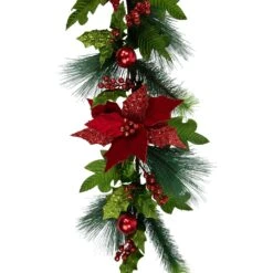 Northlight 48" Glittered Red Poinsettia And Long Pine Christmas Swag, Unlit -Northlight Shop 56214553511136