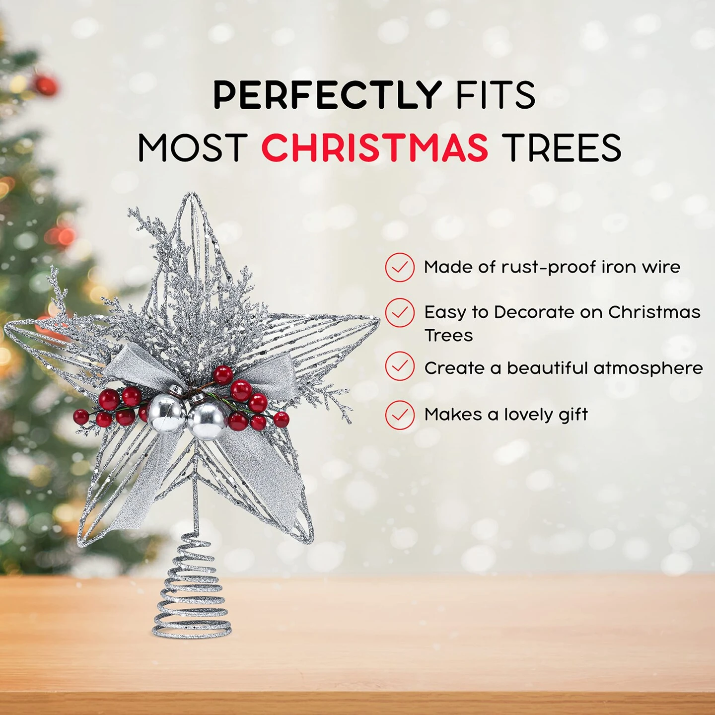 Ornativity Silver Star Tree Topper - Christmas Glitter Silver Star Holiday Tree Top Decoration With Silver Bells And Mistletoe And Red Berries 7 Ornativity Silver Star Tree Topper - Christmas Glitter Silver Star Holiday Tree Top Decoration With Silver Bells And Mistletoe And Red Berries - Image 5