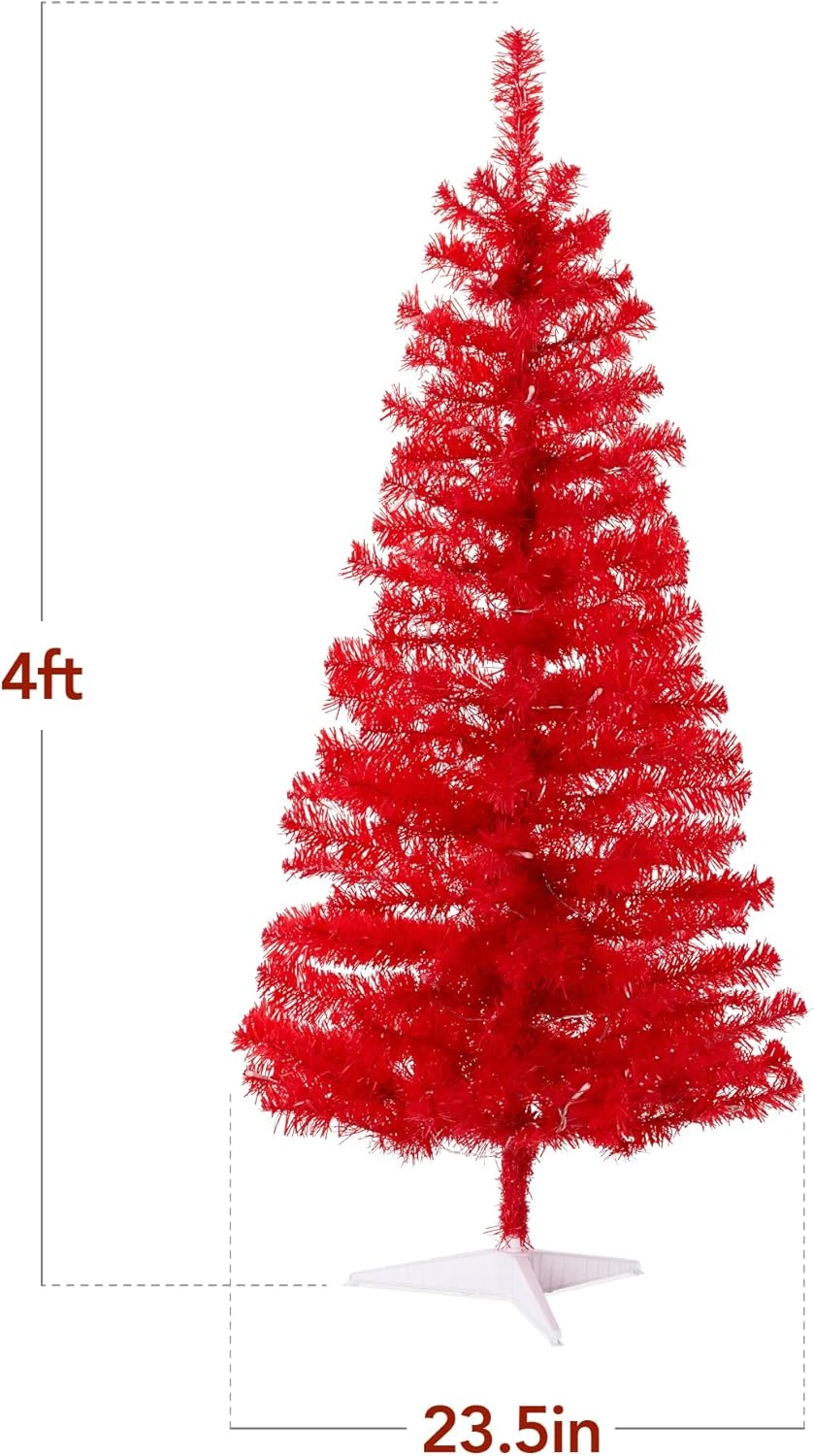 4ft Pre Lit Christmas Tree Mini Artificial Tree With Twinkling LED Lights For Bedroom Or Apartment Red 7 4ft Pre Lit Christmas Tree Mini Artificial Tree With Twinkling LED Lights For Bedroom Or Apartment Red - Image 5
