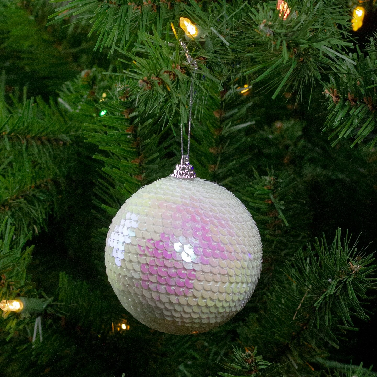 Northlight 3" White Iridescent Sequin Shatterproof Ball Christmas Ornament 5 Northlight 3" White Iridescent Sequin Shatterproof Ball Christmas Ornament - Image 3