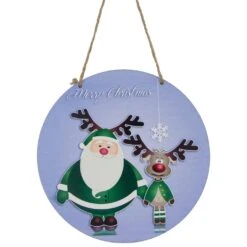 Northlight Santa And Reindeer "Merry Christmas" Disc Ornament - 8" - Blue And Green