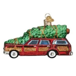 Old World Christmas 2.5 Inch Station Wagon With Tree Tree Ornament , Wood Look Trim Ornament Multicolored