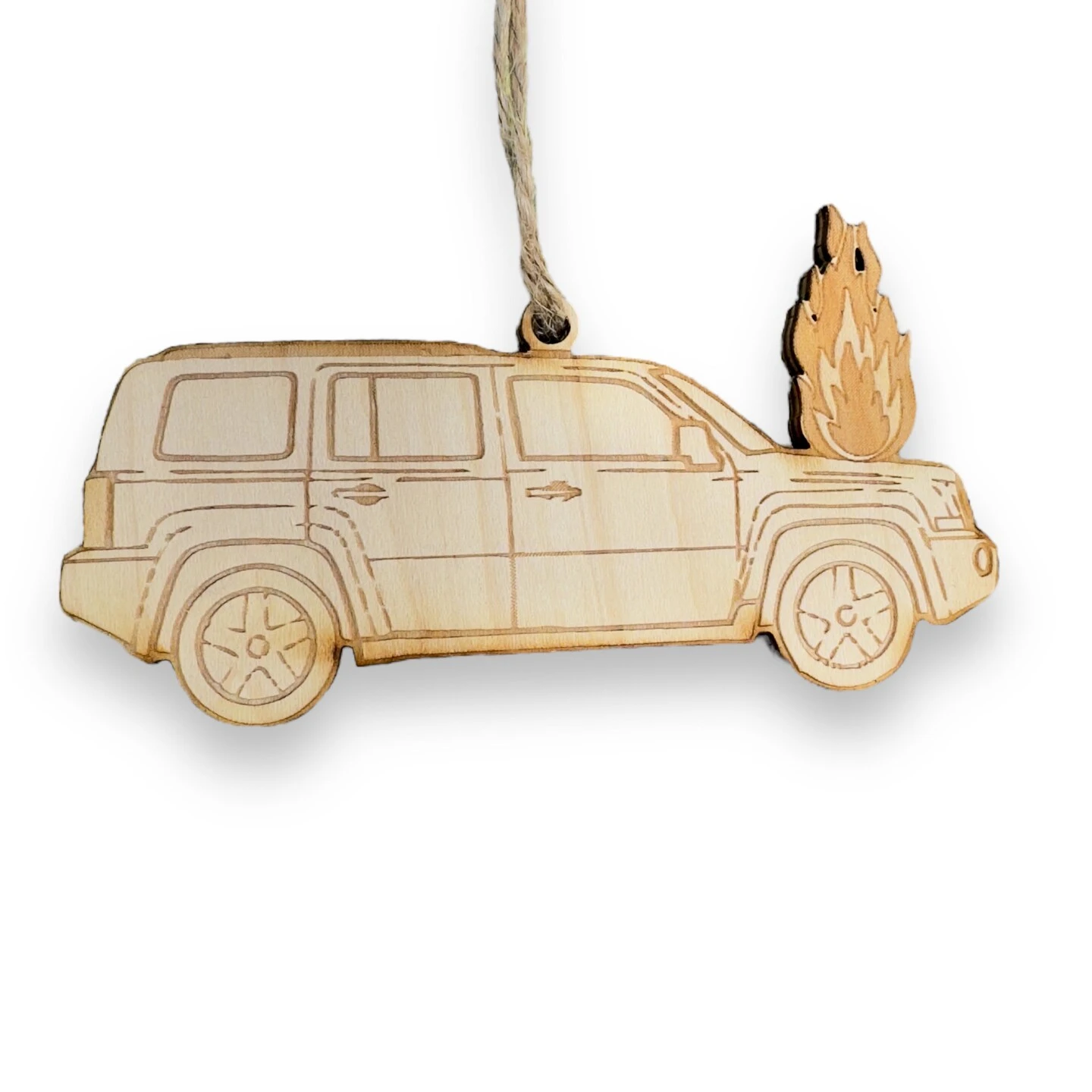 Ornament - Car On Fire - Raw Wood 3 Ornament - Car On Fire - Raw Wood