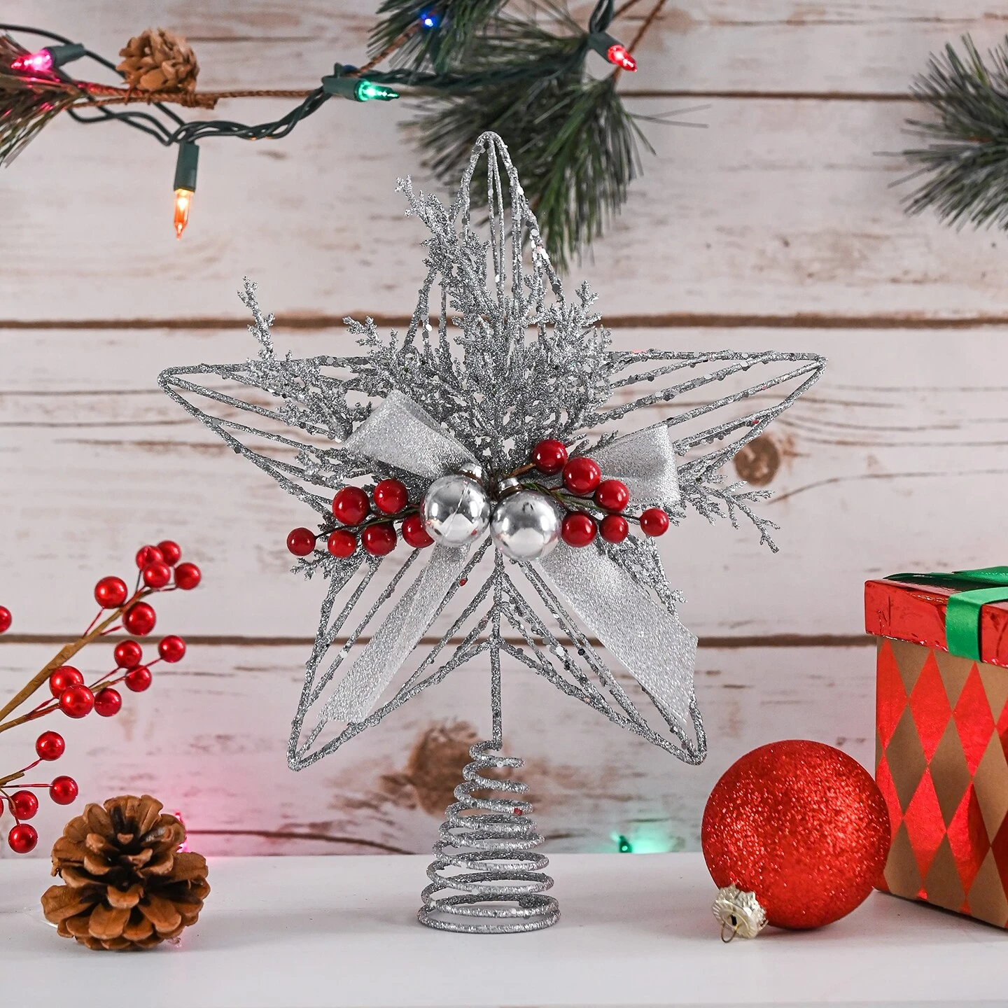 Ornativity Silver Star Tree Topper - Christmas Glitter Silver Star Holiday Tree Top Decoration With Silver Bells And Mistletoe And Red Berries 17 Ornativity Silver Star Tree Topper - Christmas Glitter Silver Star Holiday Tree Top Decoration With Silver Bells And Mistletoe And Red Berries - Image 15
