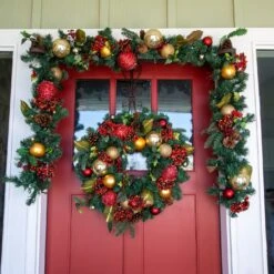 9 Ft. Artificial Christmas Garland With Lights - Scarlet Hydrangea 31 9 Ft. Artificial Christmas Garland With Lights - Scarlet Hydrangea -Northlight Shop 98084676993424 1