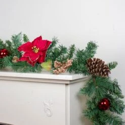 Northlight Red Balls & Poinsettias Gold Pine Cones With Berries Pine Garland, Unlit -Northlight Shop D046273S 12