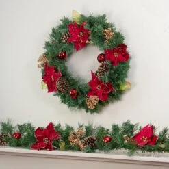 Northlight Red Balls & Poinsettias Gold Pine Cones With Berries Pine Garland, Unlit -Northlight Shop D046273S 13