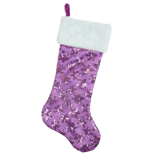 Northlight 20.5" Sequin Snowflake Stocking With White Faux Fur Cuff, Purple 5 Northlight 20.5" Sequin Snowflake Stocking With White Faux Fur Cuff, Purple - Image 3