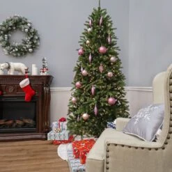 6.5 Ft. Pre-Lit Feel Real® Jersey Fraser Fir Pencil Slim Artificial Christmas Tree, Clear Lights 13 6.5 Ft. Pre-Lit Feel Real® Jersey Fraser Fir Pencil Slim Artificial Christmas Tree, Clear Lights -Northlight Shop D048018S 15