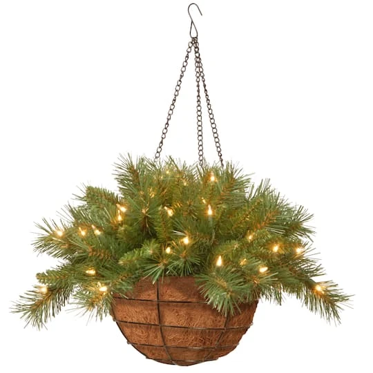 20" Tiffany Fir Hanging Basket With Warm White LED Battery Lights 3 20" Tiffany Fir Hanging Basket With Warm White LED Battery Lights