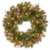 24" Glittery White Edged Cones & Red Berries Mountain Spruce Wreath With Warm White LED Lights