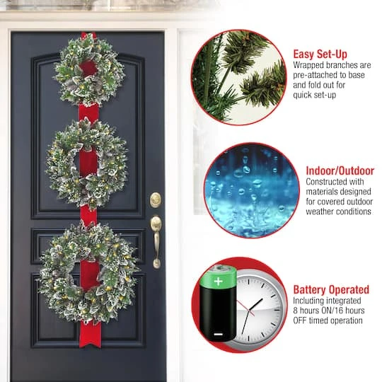 18", 22", & 26" Triple Wreath Door Décor Piece With Warm White Twinkle LED Lights 8 18", 22", & 26" Triple Wreath Door Décor Piece With Warm White Twinkle LED Lights - Image 6
