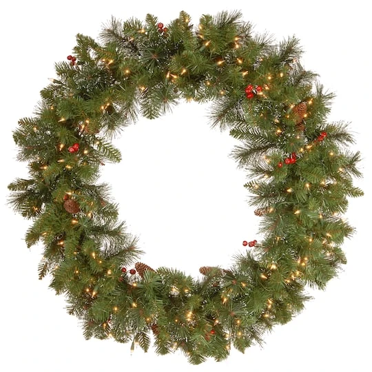36" Crestwood Spruce Wreath With Silver Bristle, Cones, Red Berries & Glitter With 200ct. Clear Lights 4 36" Crestwood Spruce Wreath With Silver Bristle, Cones, Red Berries & Glitter With 200ct. Clear Lights - Image 2