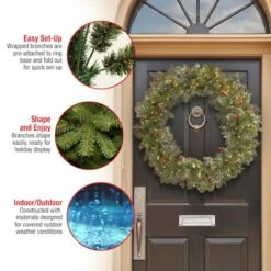 36" Crestwood Spruce Wreath With Silver Bristle, Cones, Red Berries & Glitter With 200ct. Clear Lights 13 36" Crestwood Spruce Wreath With Silver Bristle, Cones, Red Berries & Glitter With 200ct. Clear Lights -Northlight Shop D206591S 15