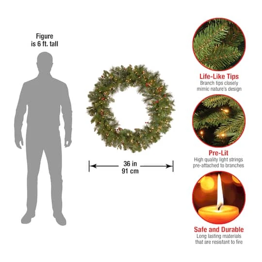 36" Crestwood Spruce Wreath With Silver Bristle, Cones, Red Berries & Glitter With 200ct. Clear Lights 7 36" Crestwood Spruce Wreath With Silver Bristle, Cones, Red Berries & Glitter With 200ct. Clear Lights - Image 5