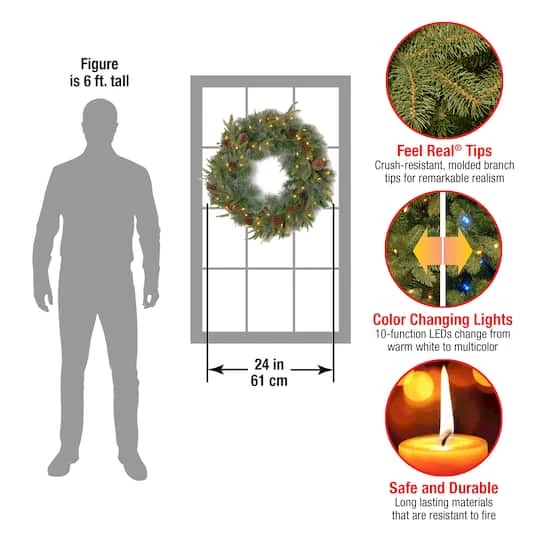 24" Feel Real® Colonial Wreath With Pine Cones, Red Berries & Dual Color LED Lights 7 24" Feel Real® Colonial Wreath With Pine Cones, Red Berries & Dual Color LED Lights - Image 5