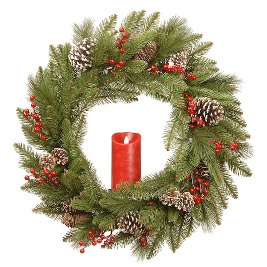 24" Feel Real® Bristle Berry Wreath With Red Electronic Candle, Red Berries & Cones 4 24" Feel Real® Bristle Berry Wreath With Red Electronic Candle, Red Berries & Cones - Image 2
