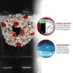 24" Snowy Bristle Pine Wreaths With Red & Silver Ornaments & Warm White LED Lights 13 24" Snowy Bristle Pine Wreaths With Red & Silver Ornaments & Warm White LED Lights -Northlight Shop D206633S 15