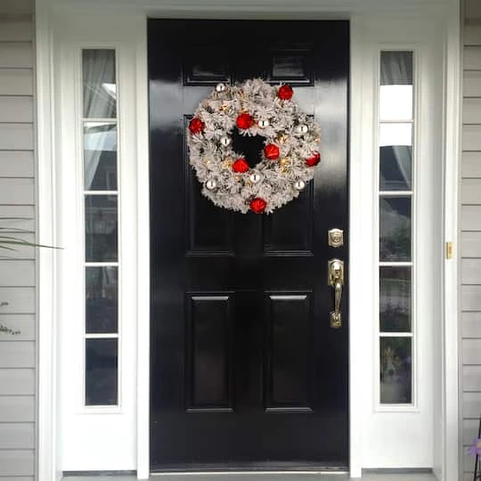 24" Snowy Bristle Pine Wreaths With Red & Silver Ornaments & Warm White LED Lights 5 24" Snowy Bristle Pine Wreaths With Red & Silver Ornaments & Warm White LED Lights - Image 3