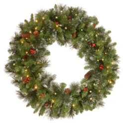 30" Crestwood® Spruce Wreath With Pine Cones, Red Berries, Glitter & Clear Lights