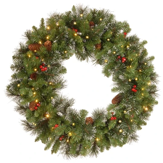 30" Crestwood® Spruce Wreath With Pine Cones, Red Berries, Glitter & Clear Lights 3 30" Crestwood® Spruce Wreath With Pine Cones, Red Berries, Glitter & Clear Lights
