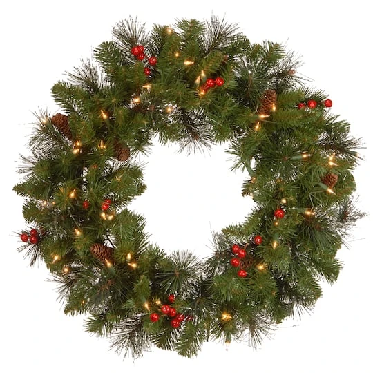 24" Crestwood® Spruce Wreath With Silver Bristle, Pine Cones, Red Berries & Glitter With Clear Lights 3 24" Crestwood® Spruce Wreath With Silver Bristle, Pine Cones, Red Berries & Glitter With Clear Lights