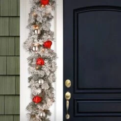 9 Ft. Pre-lit Snowy Bristle Artificial Christmas Pine Garland With Red & Silver Ornaments & 70 Clear Lights -Northlight Shop D206847S 12