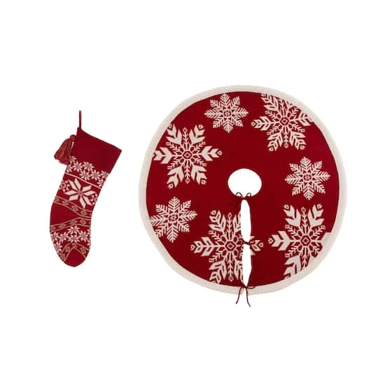 Glitzhome® Knitted Christmas Snowflake Stocking & Tree Skirt Set 3 Glitzhome® Knitted Christmas Snowflake Stocking & Tree Skirt Set