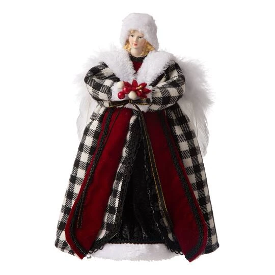 Glitzhome® 12" Black & White Plaid Angel Tree Topper 4 Glitzhome® 12" Black & White Plaid Angel Tree Topper - Image 2