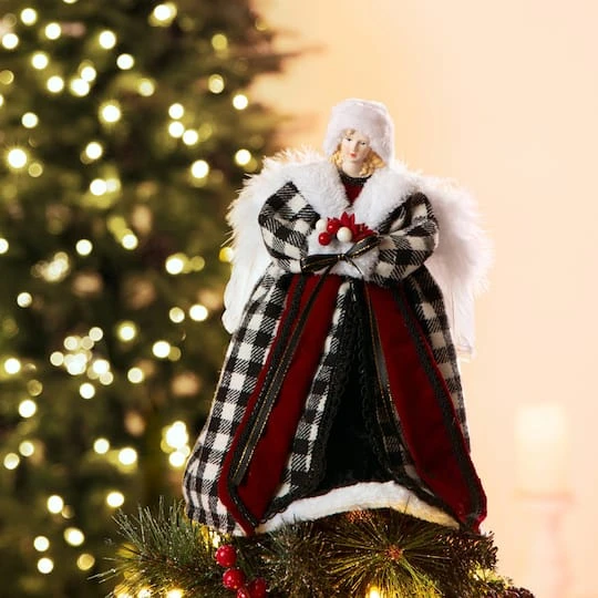 Glitzhome® 12" Black & White Plaid Angel Tree Topper 5 Glitzhome® 12" Black & White Plaid Angel Tree Topper - Image 3