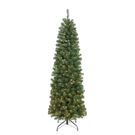 7.5ft Pre-Lit Northern Fir Pencil Artificial Christmas Tree, Clear Lights 3 7.5ft Pre-Lit Northern Fir Pencil Artificial Christmas Tree, Clear Lights