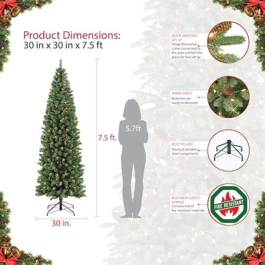 7.5ft Pre-Lit Northern Fir Pencil Artificial Christmas Tree, Clear Lights 8 7.5ft Pre-Lit Northern Fir Pencil Artificial Christmas Tree, Clear Lights - Image 6