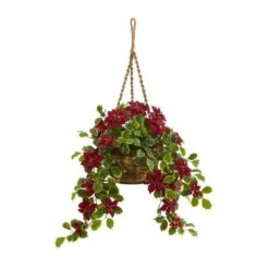 3.5ft. Real Touch Poinsettia And Variegated Holly Artificial Plant In Hanging Basket 7 3.5ft. Real Touch Poinsettia And Variegated Holly Artificial Plant In Hanging Basket -Northlight Shop D251222S 1 1