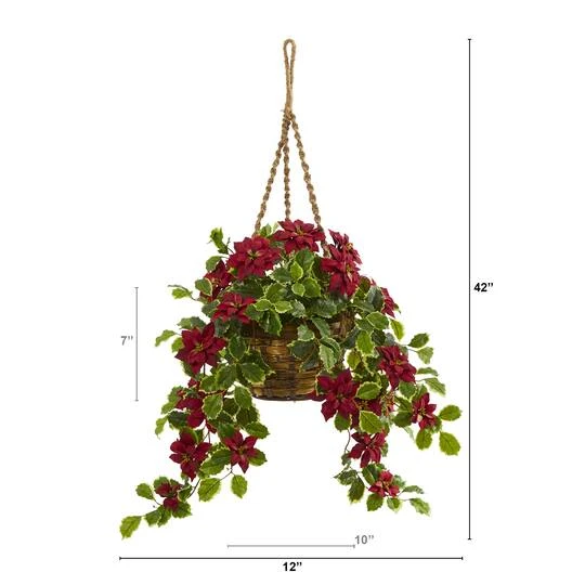3.5ft. Real Touch Poinsettia And Variegated Holly Artificial Plant In Hanging Basket 5 3.5ft. Real Touch Poinsettia And Variegated Holly Artificial Plant In Hanging Basket - Image 3