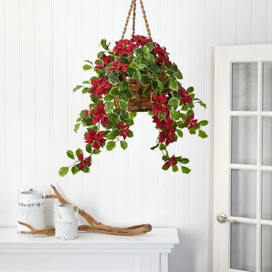 3.5ft. Real Touch Poinsettia And Variegated Holly Artificial Plant In Hanging Basket 6 3.5ft. Real Touch Poinsettia And Variegated Holly Artificial Plant In Hanging Basket - Image 4