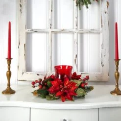 13" Poinsettia & Berry Candelabrum Artificial Arrangement -Northlight Shop D251239S 14