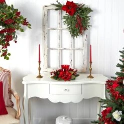 13" Poinsettia & Berry Candelabrum Artificial Arrangement -Northlight Shop D251239S 15