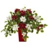 23” Poinsettia & Variegated Holly Artificial Plant In Red Decorative Planter -Northlight Shop D251246S 1