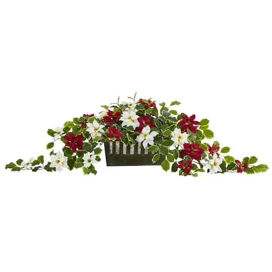39” Poinsettia & Variegated Holly Artificial Plant In Decorative Planter 4 39” Poinsettia & Variegated Holly Artificial Plant In Decorative Planter - Image 2
