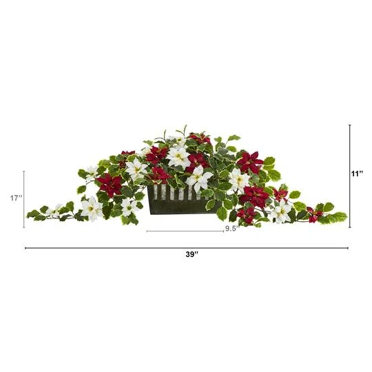 39” Poinsettia & Variegated Holly Artificial Plant In Decorative Planter 5 39” Poinsettia & Variegated Holly Artificial Plant In Decorative Planter - Image 3