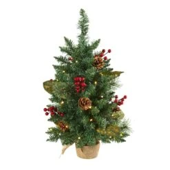 2ft. Pre-Lit Pine Artificial Potted Christmas Tree With Pinecone & Berries, Clear LED Lights