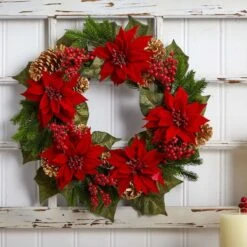 24" Poinsettia, Berry And Golden Pinecone Artificial Wreath 12 24" Poinsettia, Berry And Golden Pinecone Artificial Wreath -Northlight Shop D251358S 14
