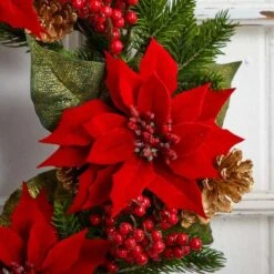 24" Poinsettia, Berry And Golden Pinecone Artificial Wreath 13 24" Poinsettia, Berry And Golden Pinecone Artificial Wreath -Northlight Shop D251358S 15