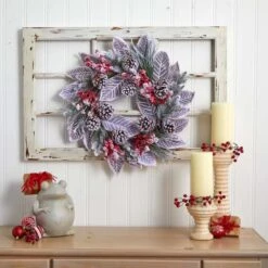 24" Snowy Magnolia Berry Wreath 11 24" Snowy Magnolia Berry Wreath -Northlight Shop D251361S 13
